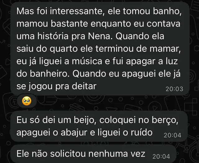 Depoimento: rotina noturna tranquila, bebê dormiu sem solicitar nenhuma vez